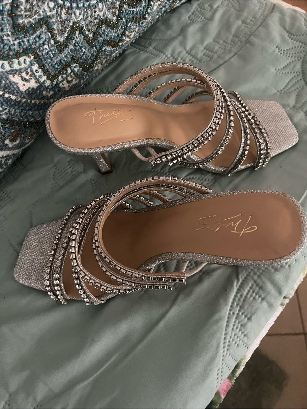 Thalia Sodi Silver Rhinestone Strappy Heeled Mules